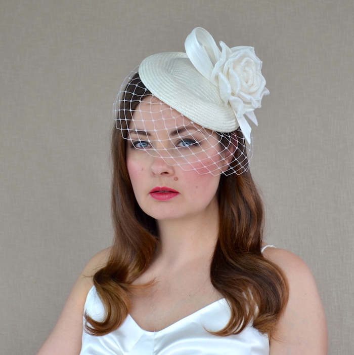 PHOEBE Ivory Bridal Pillbox Hat with Birdcage Veil and Rose RUBINA