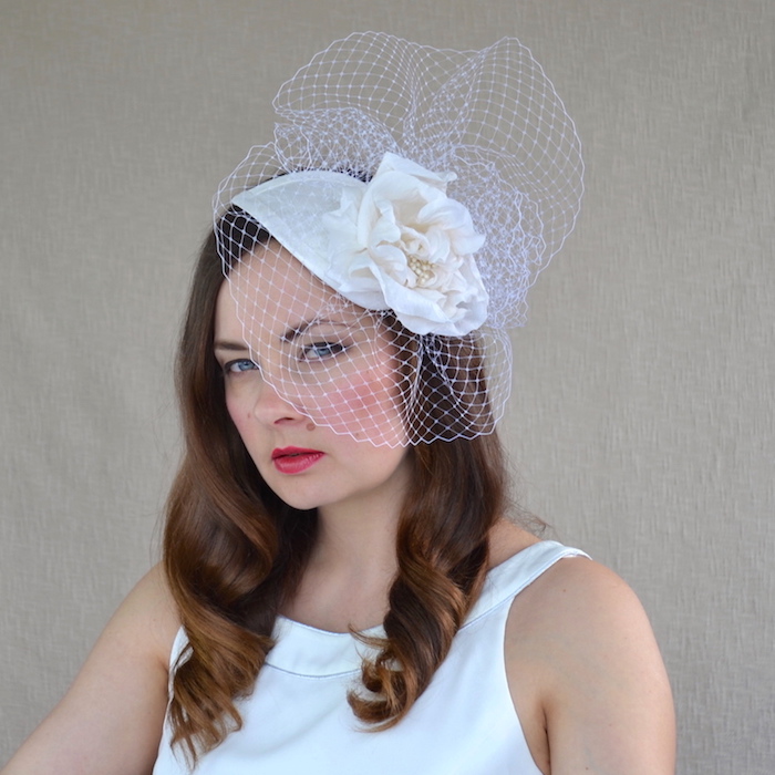 LAURA – Dupioni Silk Bridal Fascinator with Birdcage Veil – RUBINA ...