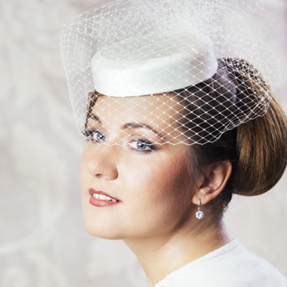 MATHILDA – Silk Bridal Pillbox Hat with Birdcage Veil – RUBINA Millinery