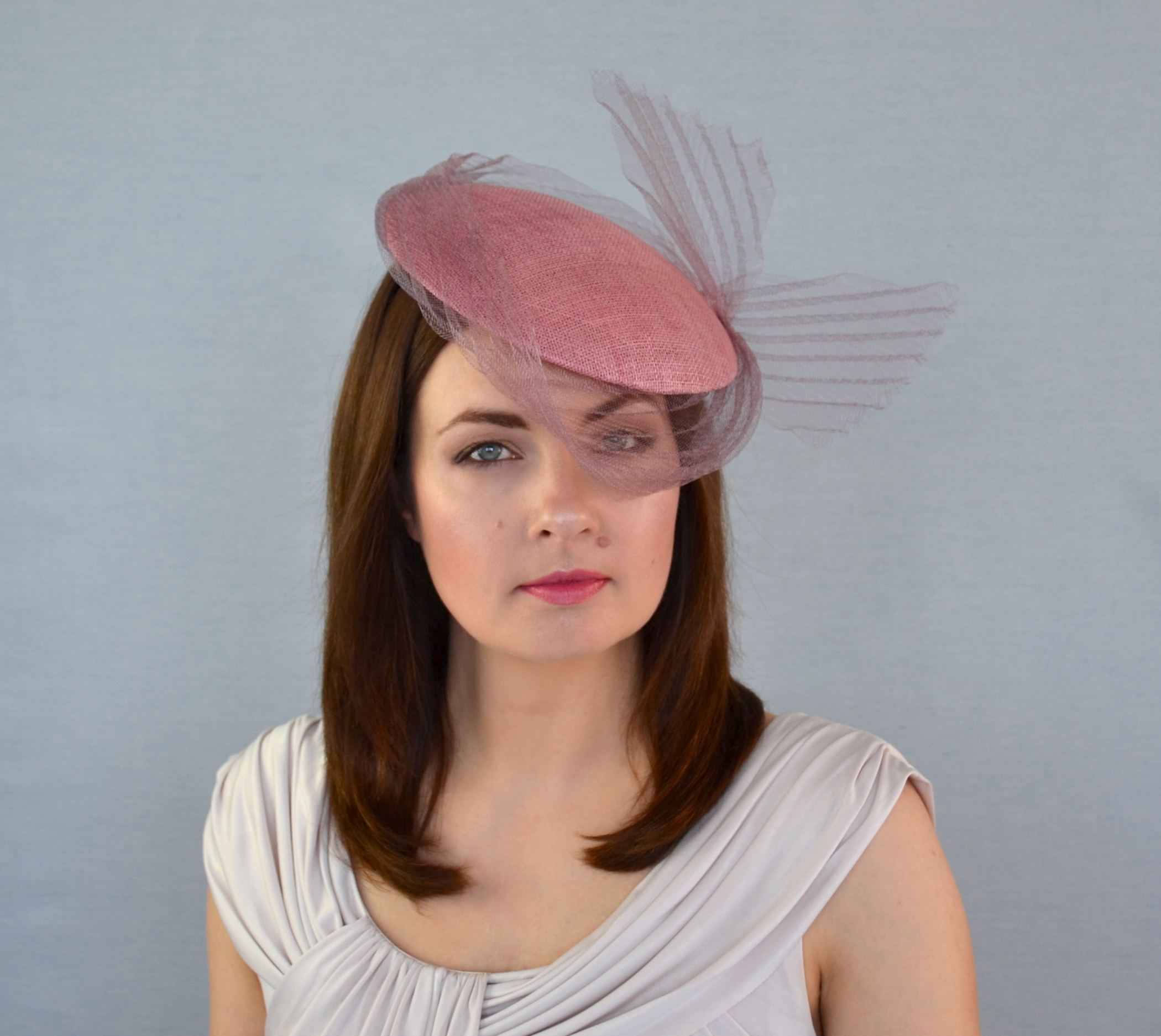 ELODIE – Dusky Pink Saucer Hat with Crinoline Bow – RUBINA Millinery