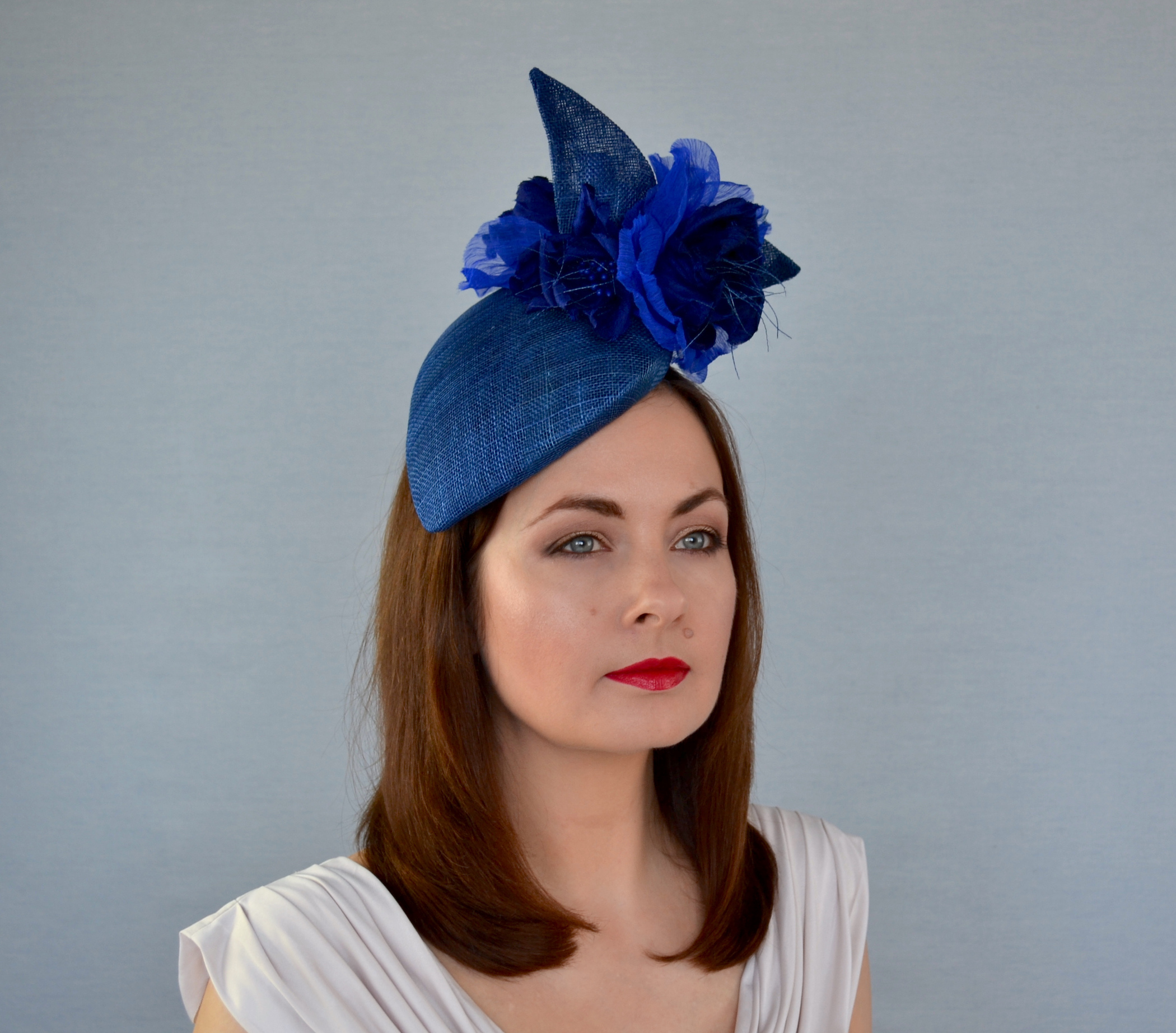 LYDIA – Classic Blue Pillbox Hat with Silk Flowers – RUBINA Millinery