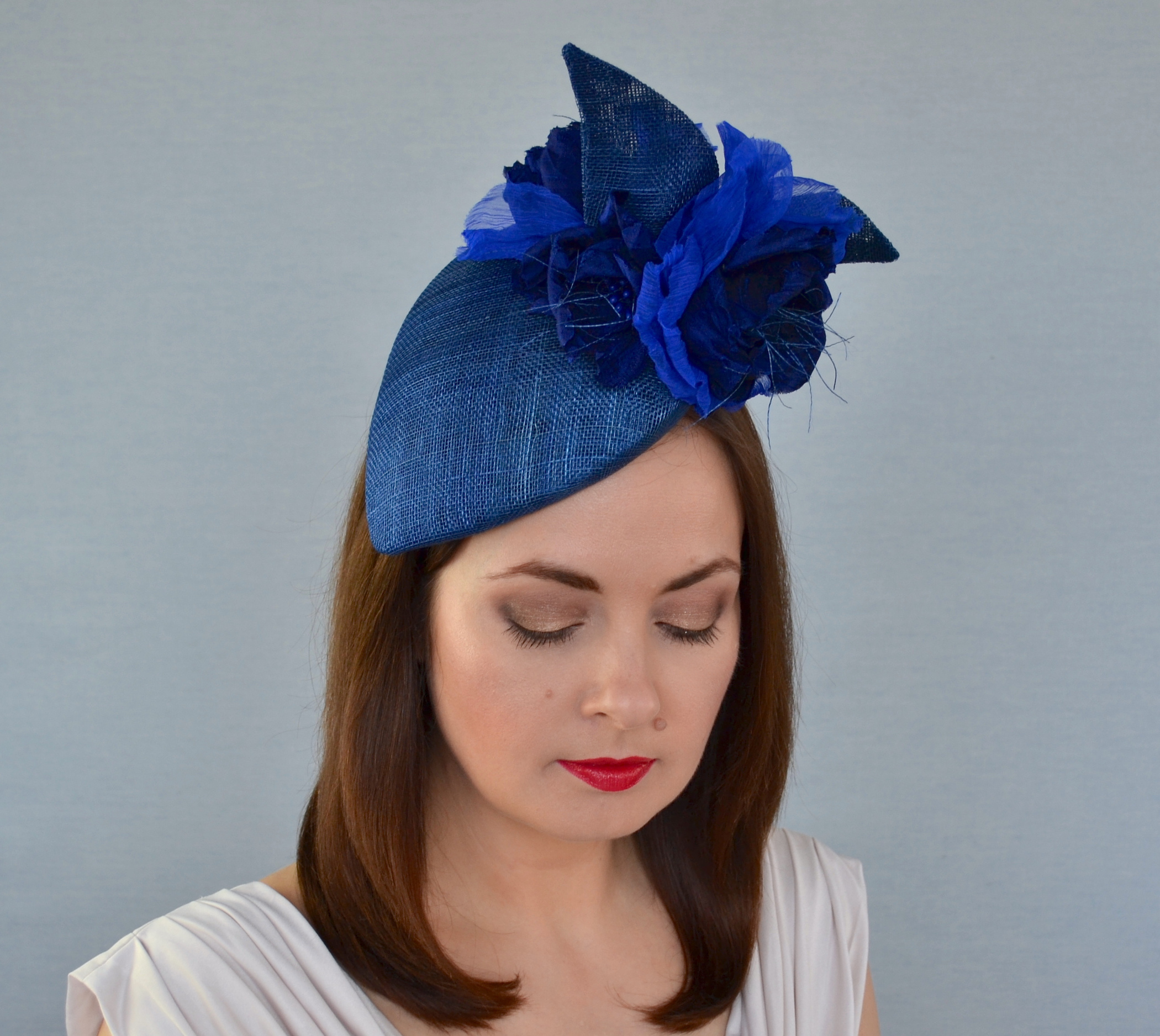 LYDIA – Classic Blue Pillbox Hat with Silk Flowers – RUBINA Millinery