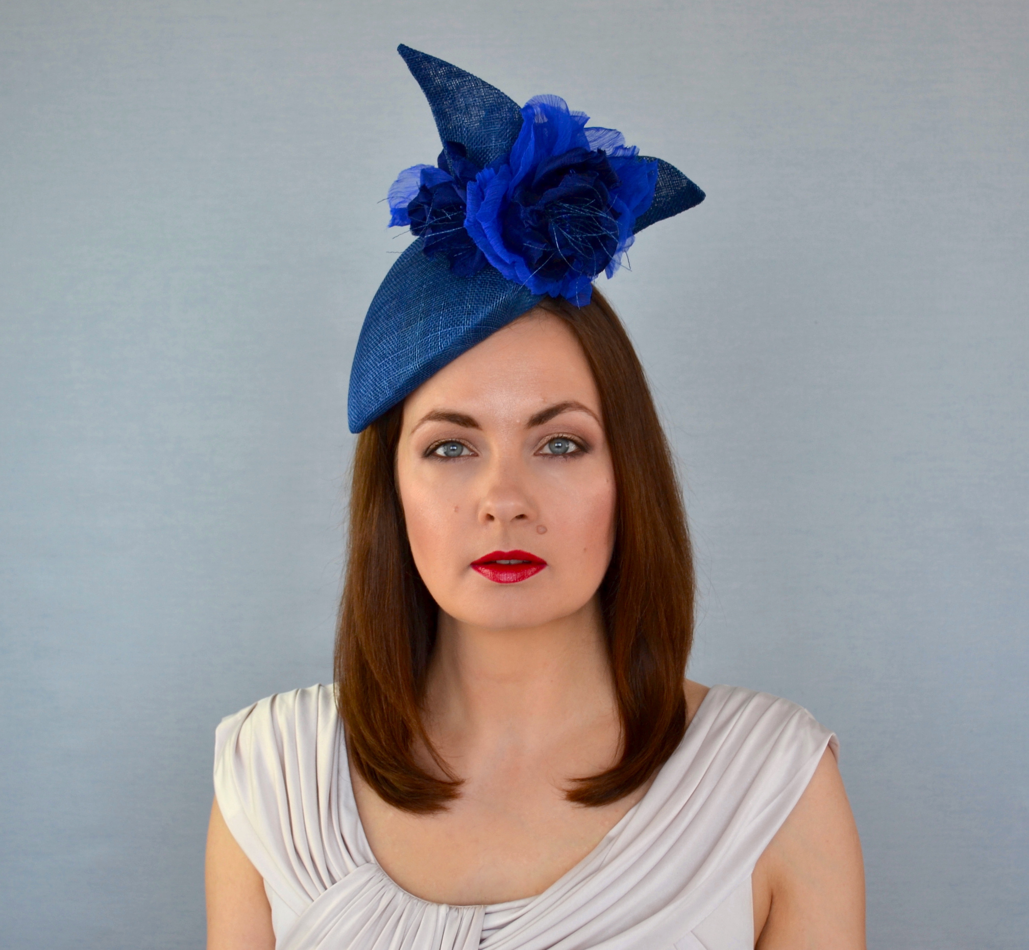 LYDIA - Classic Blue Pillbox Hat with Silk Flowers | RUBINA Millinery